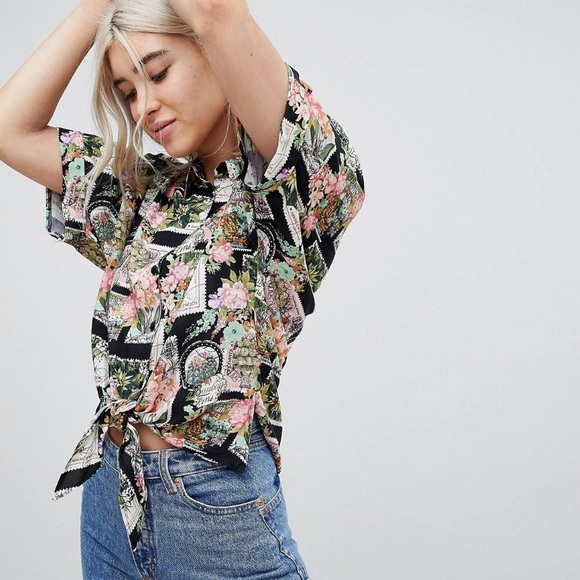 ASOS Tops - ASOS DESIGN Tie Front Shirt in Postcard Print